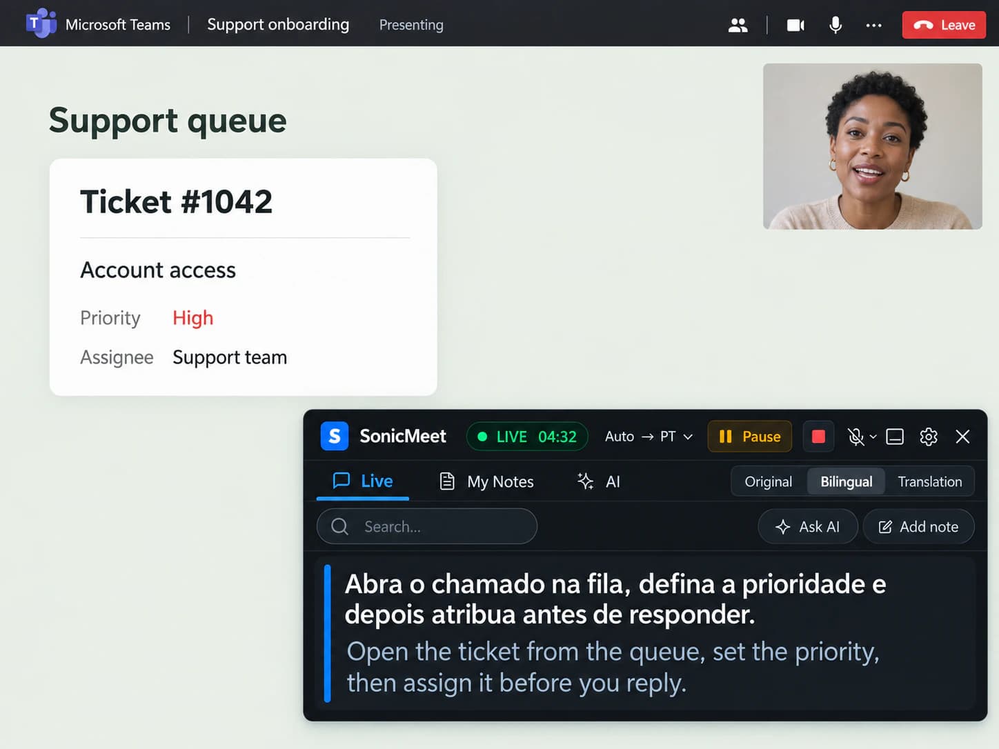 Capacitación en Microsoft Teams sobre una fila de tickets de soporte, con el panel de SonicMeet y subtítulos bilingües en vivo: portugués arriba e inglés original abajo