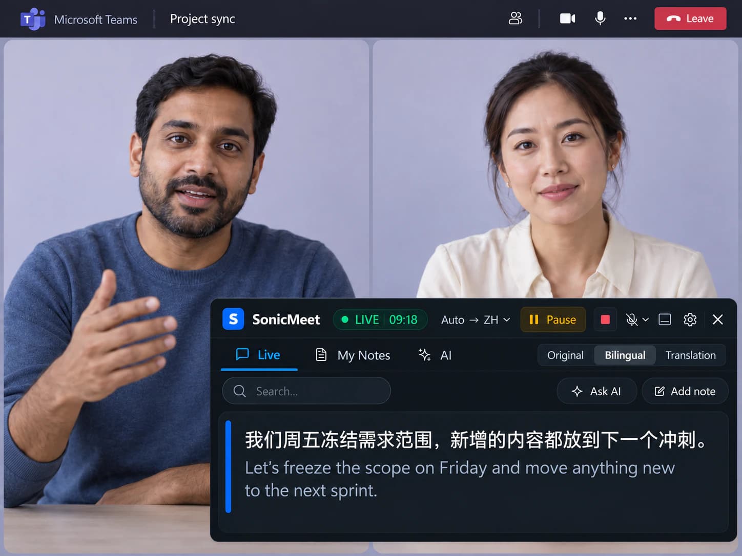 Seguimiento de proyecto de dos personas en Microsoft Teams, con el panel de SonicMeet y subtítulos bilingües en vivo: chino arriba e inglés original abajo