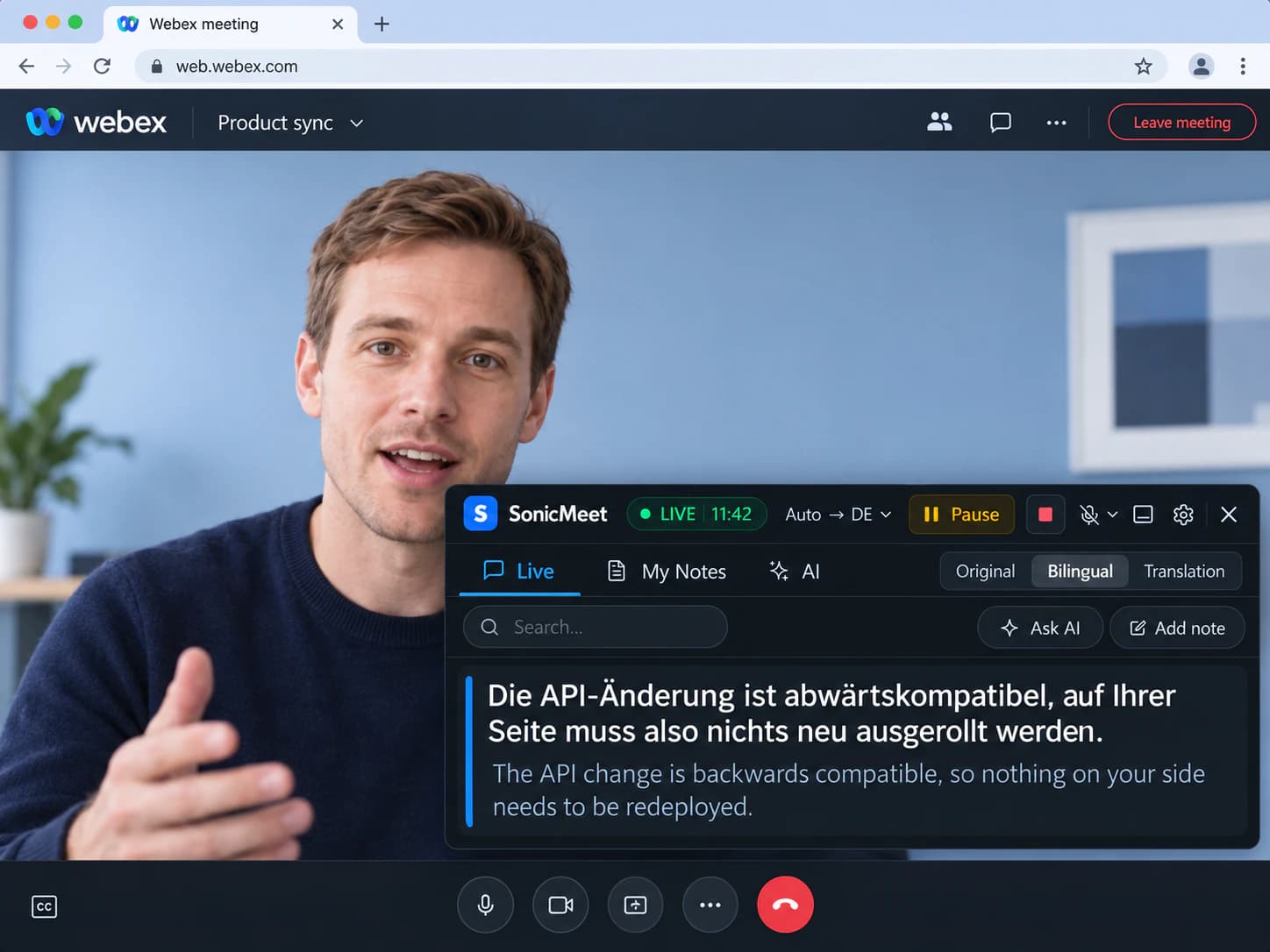Reunión de Webex abierta en el navegador, con el panel de SonicMeet y subtítulos bilingües: alemán arriba e inglés abajo