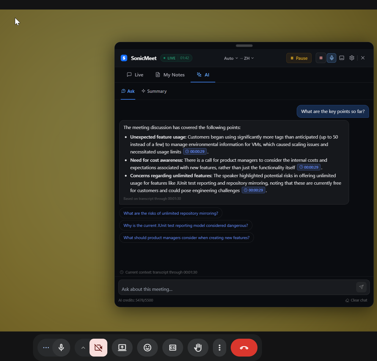 Ask AI answering a question during a live meeting with transcript references
