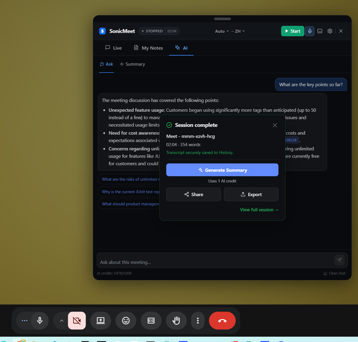 Post-meeting recap with AI Summary, sharing, and export actions