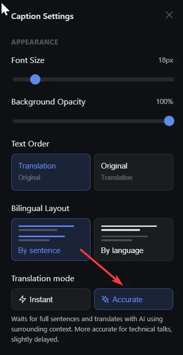 Настройки субтитров с новым разделом «Translation mode»: варианты Instant и Accurate, выбран Accurate