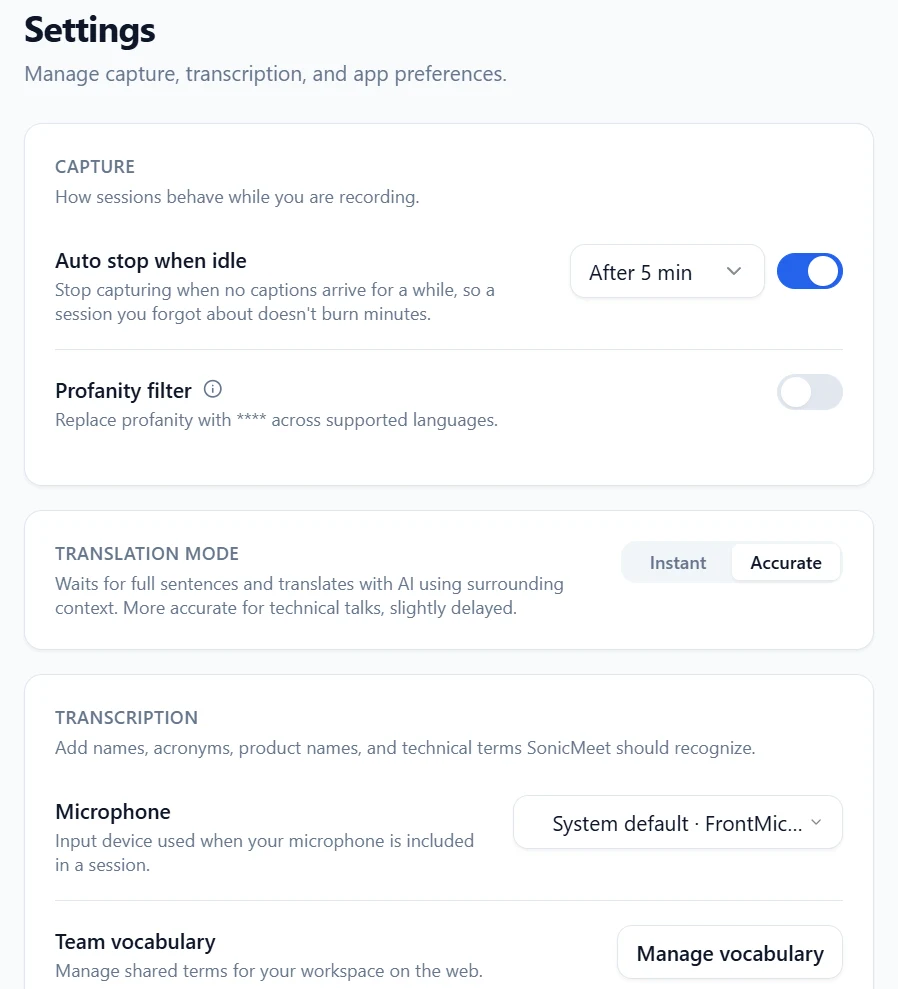 Экран настроек приложения для Windows с новым разделом «Translation mode»: варианты Instant и Accurate, выбран Accurate