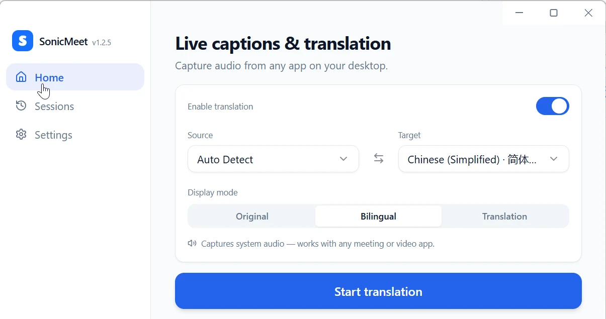 SonicMeet desktop app home screen with Enable translation switched on, Source set to Auto Detect, a target language, the Display mode choice, and the Start translation button.
