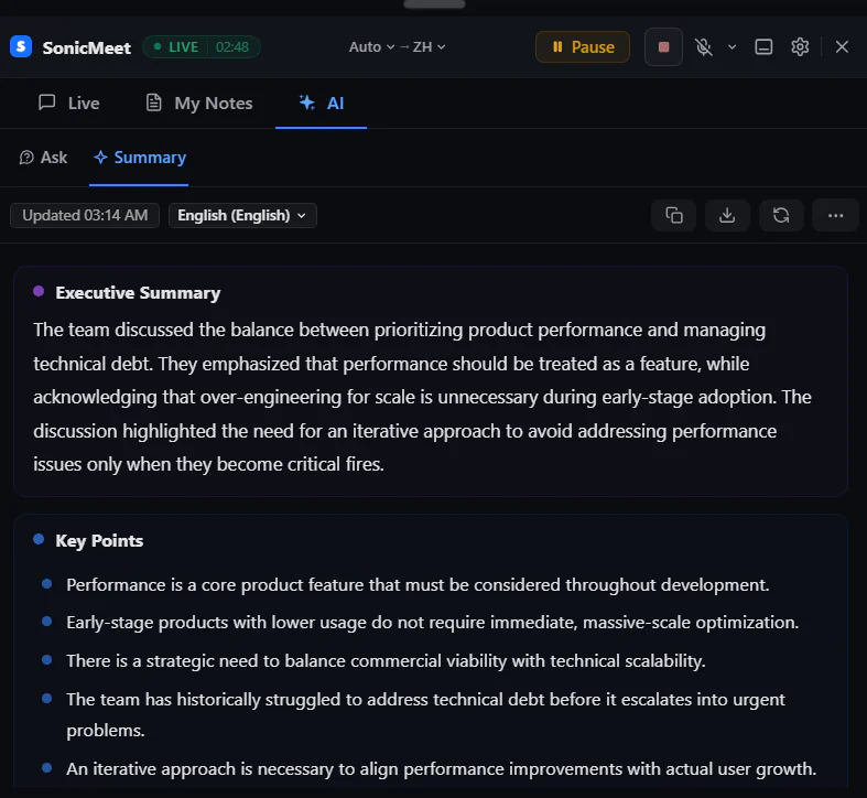 The AI tab of the caption panel showing a summary with key points and action items, and a box to ask a question about the meeting.