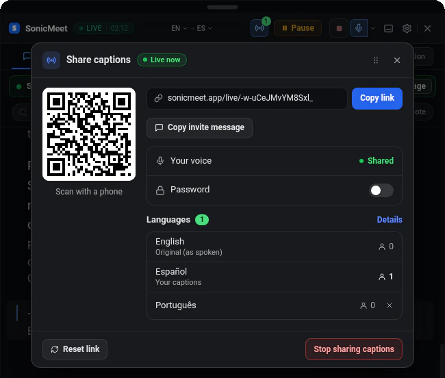 分享中的分享字幕對話框,有 QR 碼、連結、複製連結和複製邀請訊息按鈕,以及英文、西班牙文、葡萄牙文各有幾人在看。