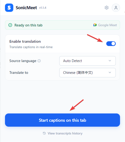 Popup de SonicMeet — inicia sesión y comienza una sesión