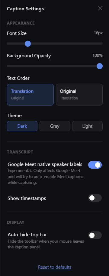 Panel de ajustes de subtítulos — tamaño, opacidad, tema, marcas de tiempo y más