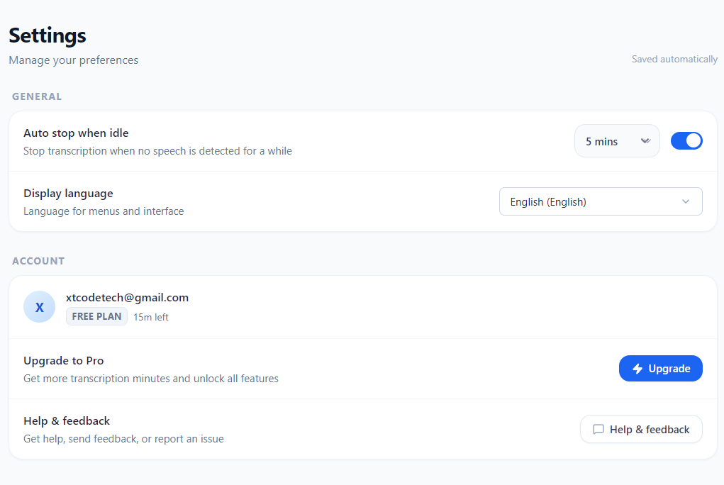 Página de ajustes — auto-stop por inactividad, idioma, minutos y créditos restantes