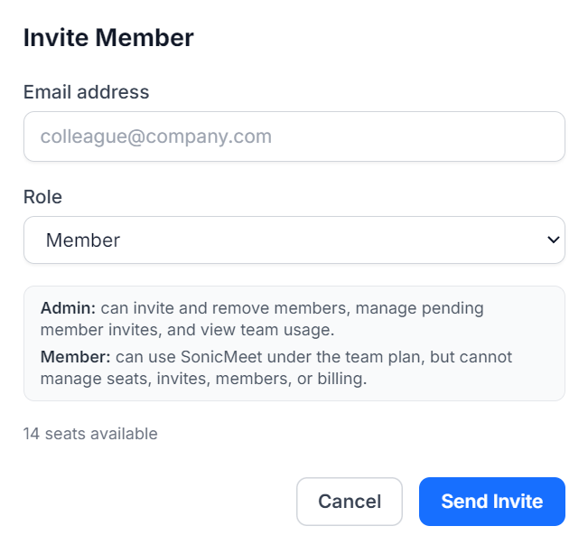 Invite Member dialog — enter an email, pick a role, and send the invite
