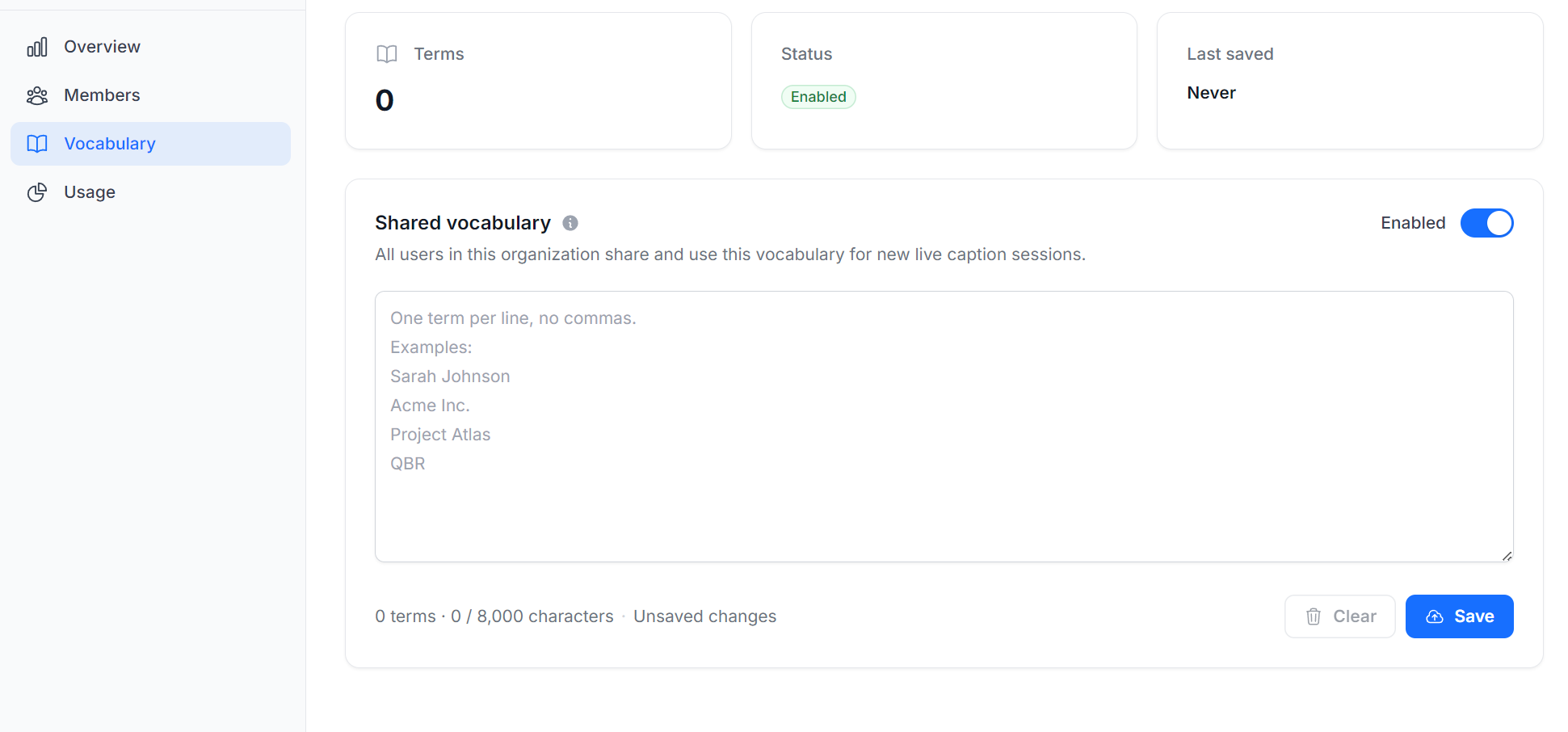 Vocabulary page — shared vocabulary editor with enable toggle